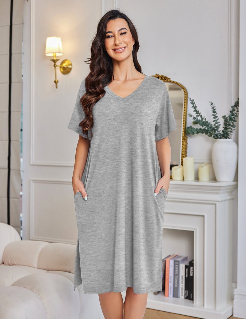Plus size bamboo viscose nightgown, light gray V-neck with side pockets and short sleeves