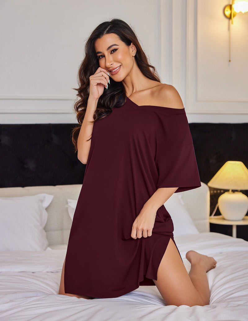 Plus size nightgown with pockets, wine red off-shoulder neckline and loose short sleeves
