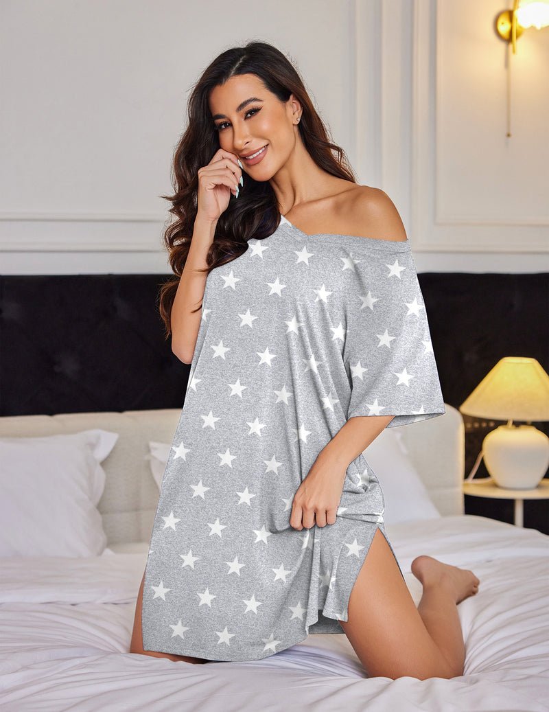 Plus size nightgown with pockets, gray star print off-shoulder loose short sleeves