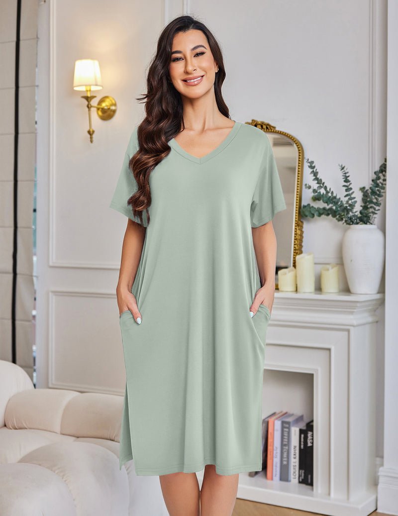 Hellgrünes Plus-Size Nachthemd mit V-Ausschnitt, Kurzarm, Knielang, mit Taschen