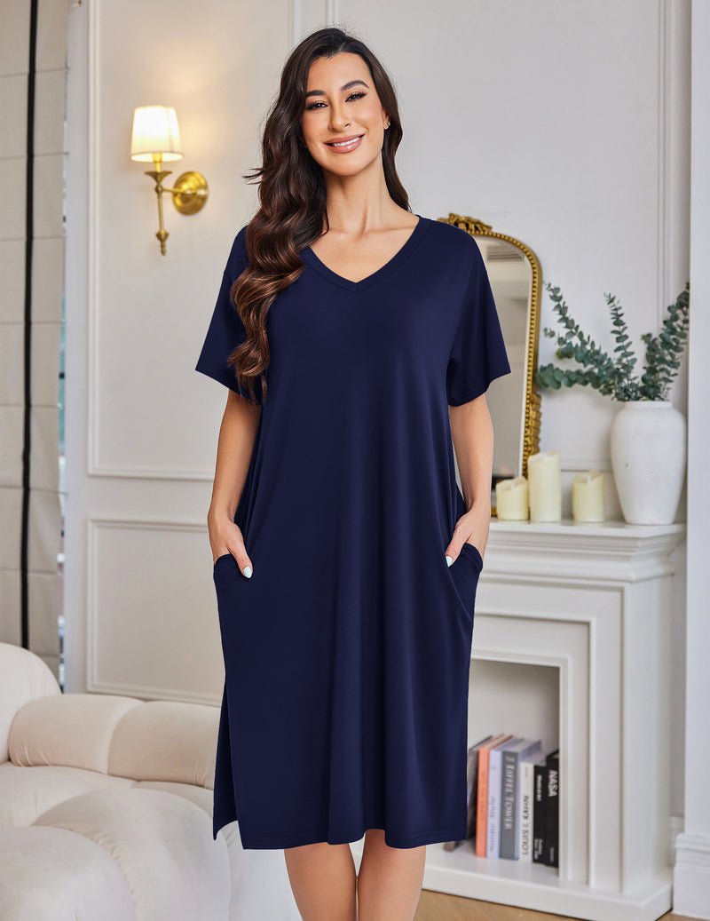 Dunkelblaues Plus-Size Nachthemd mit V-Ausschnitt, Kurzarm, Knielang, mit Taschen