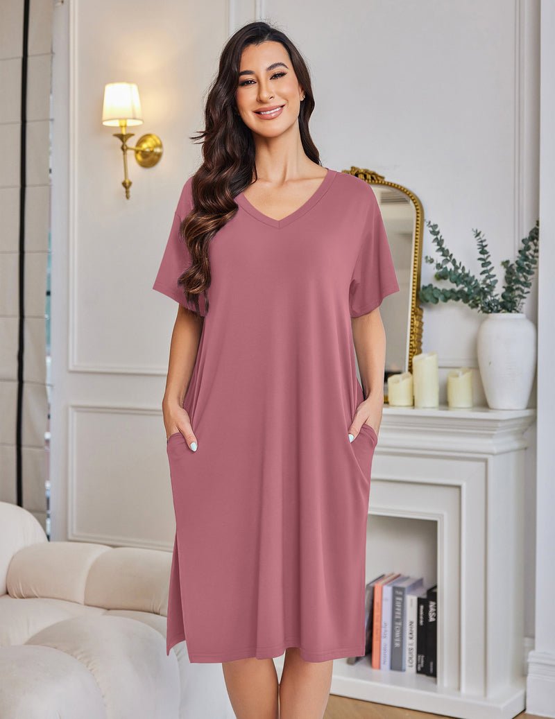 Rosa Plus-Size Nachthemd mit V-Ausschnitt, Kurzarm, Knielang, mit Taschen