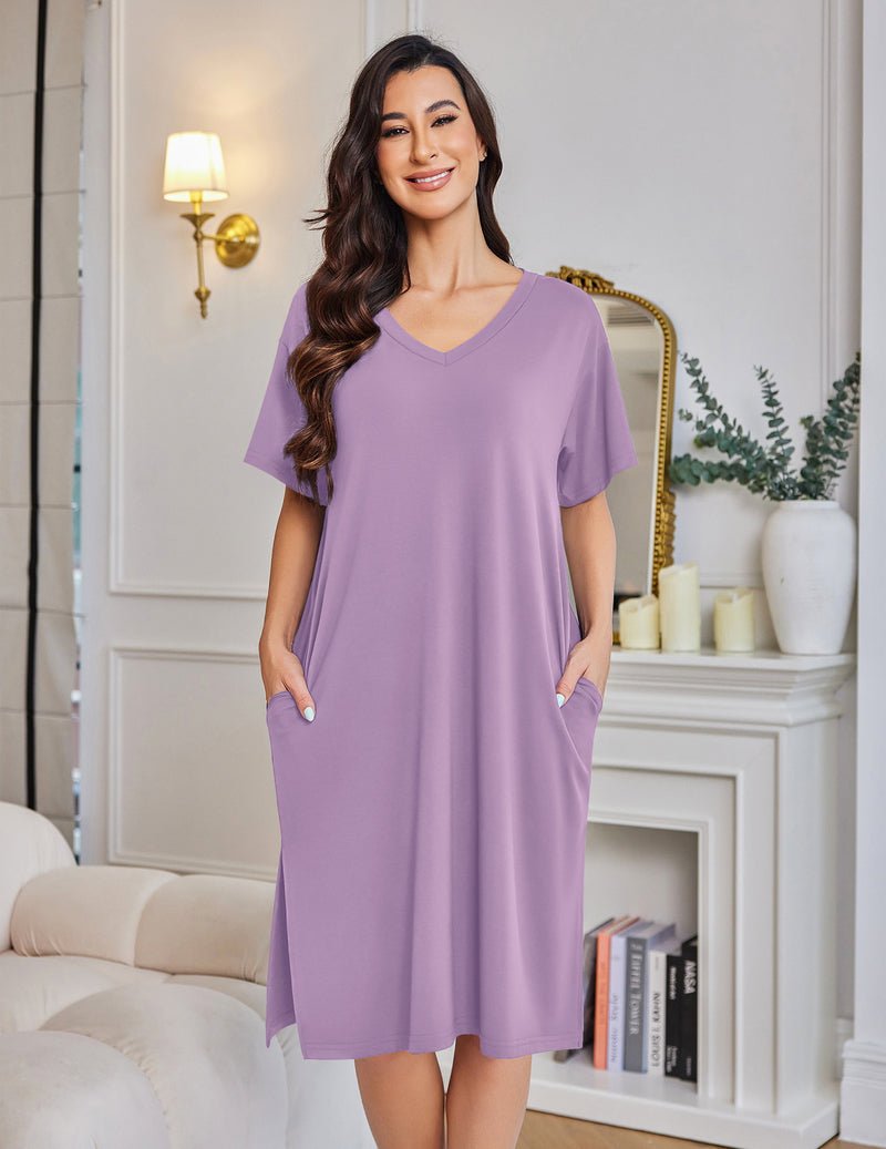Lila-rosanes Plus-Size Nachthemd mit V-Ausschnitt, Kurzarm, Knielang, mit Taschen