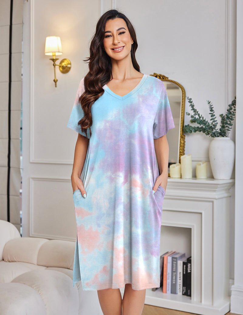 Pastellfarbenes Batik-Nachthemd, V-Ausschnitt, Kurzarm, Knielang, mit Taschen