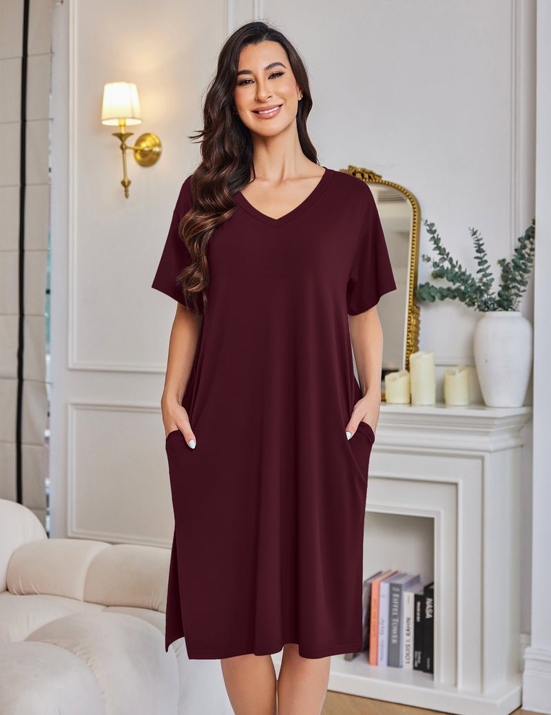 Weinrotes Plus-Size Nachthemd mit V-Ausschnitt, Kurzarm, Knielang, mit Taschen
