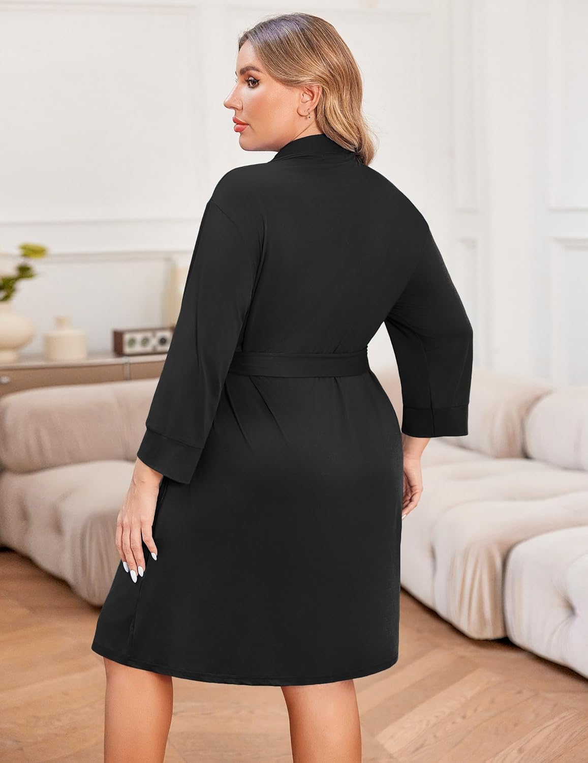 Black knee-length robe, back view with 3/4 sleeves and waist tie belt