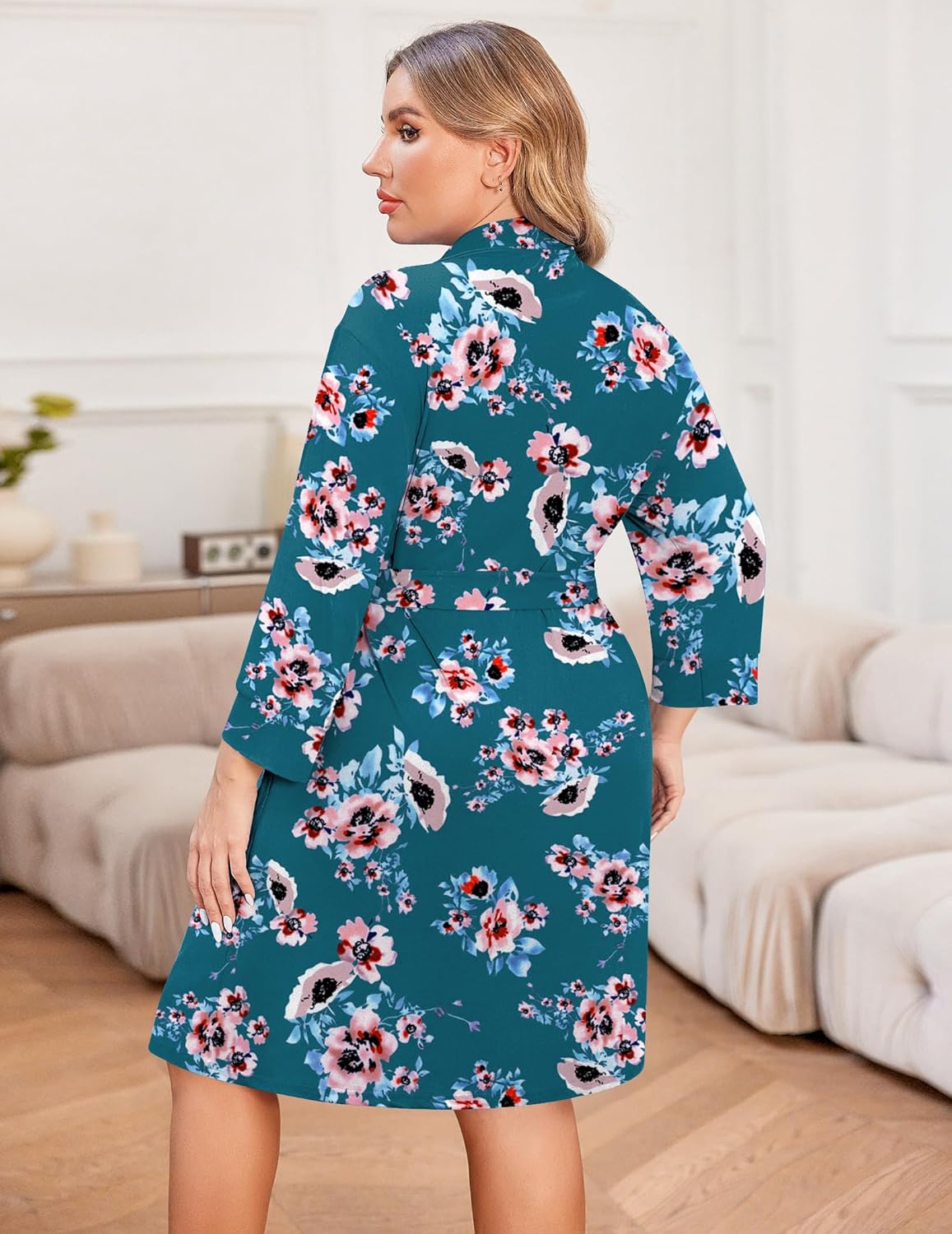 Knee-length lightweight robe with floral print, waist tie, teal floral back view