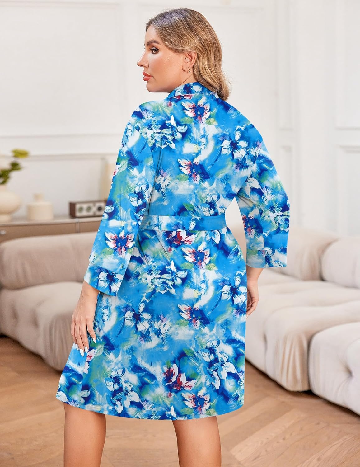 Knee-length lightweight robe with tie-waist, blue tie-dye floral print back