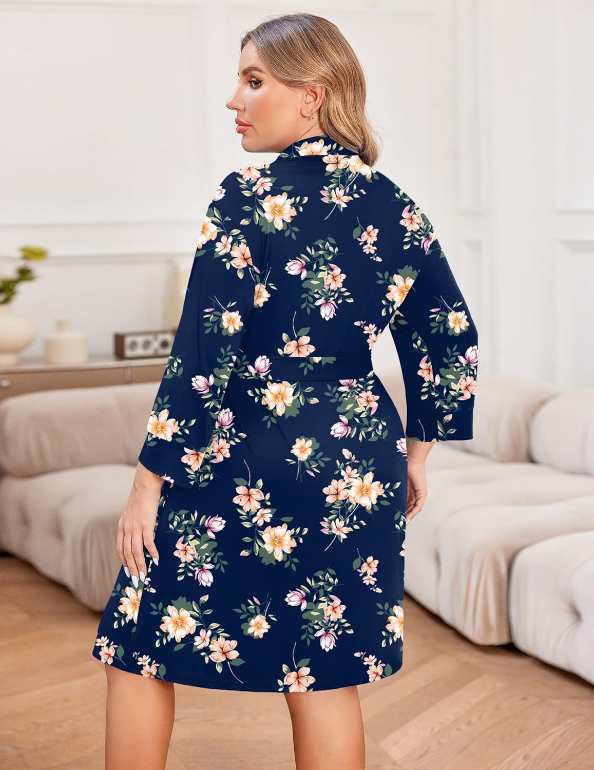 Knee-length lightweight robe with floral print, waist tie, navy floral back view