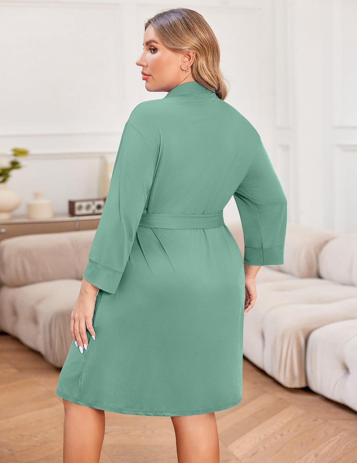 Plus size knee-length lightweight robe, celadon green, tie waist, long 3/4 sleeves