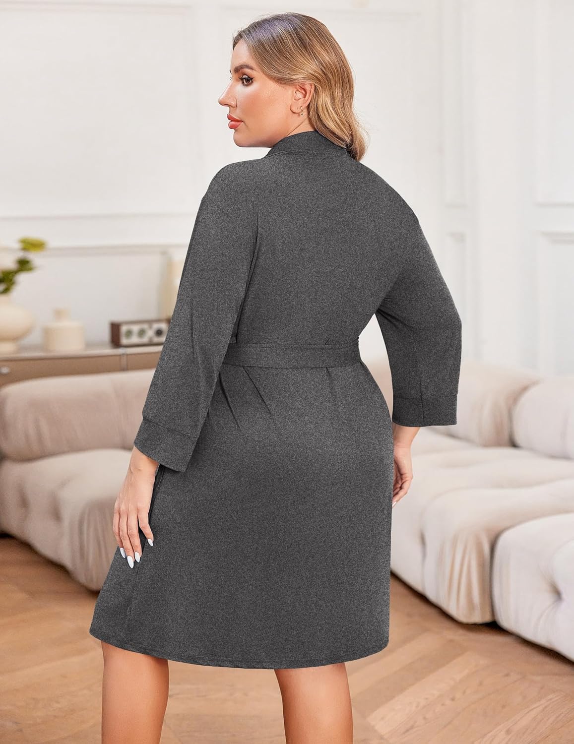 Dark gray knee-length robe, 3/4 sleeves, back view with waist seam and tie belt