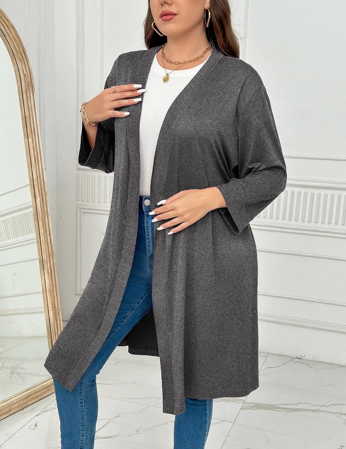 Lightweight knee-length robe in dark gray heather with tie belt and open front