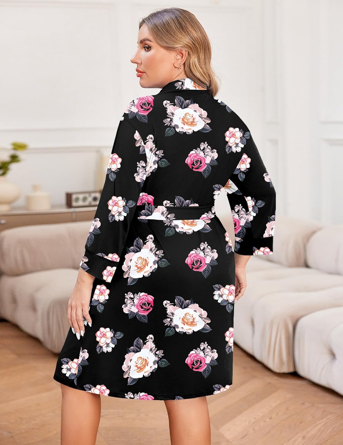 Black floral knee-length robe with waist belt tie, long sleeves, back view