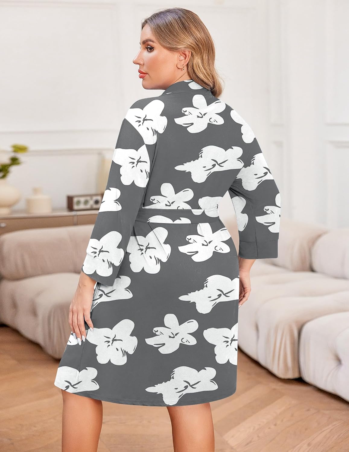 Dark gray printed knee-length robe, back view with white animal motif and waist tie