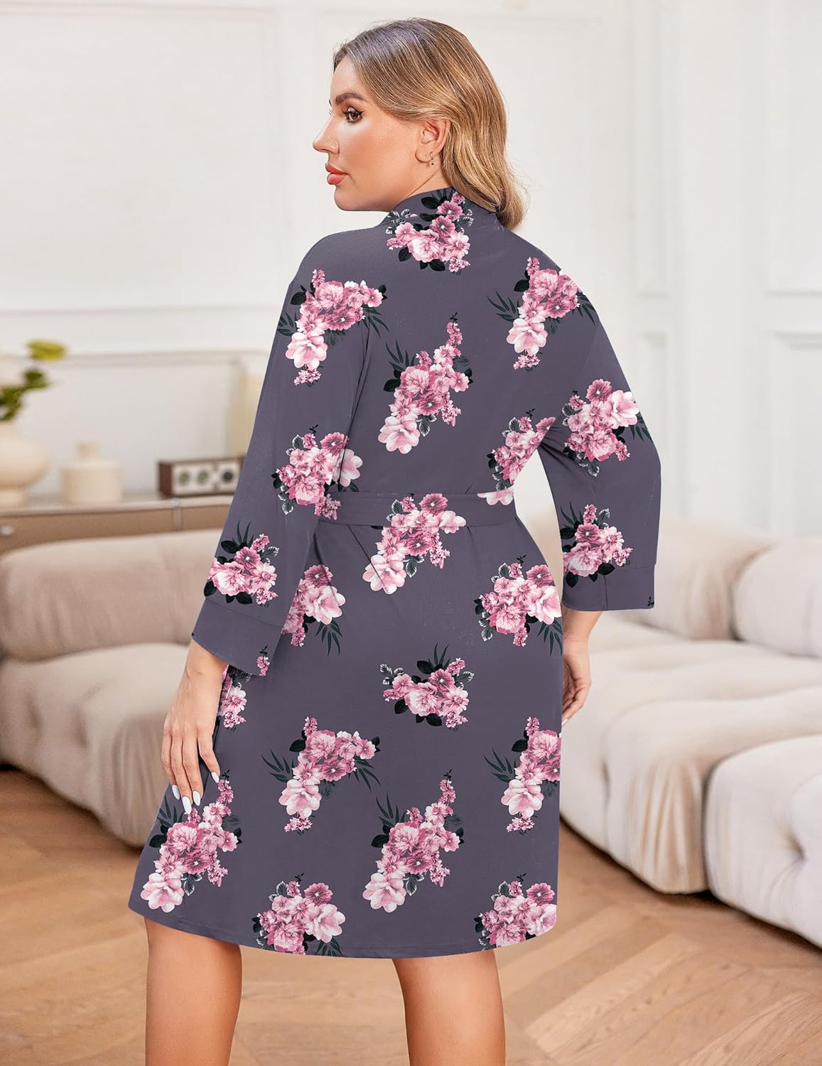 Charcoal knee-length robe with pink floral print, back view with waist tie belt