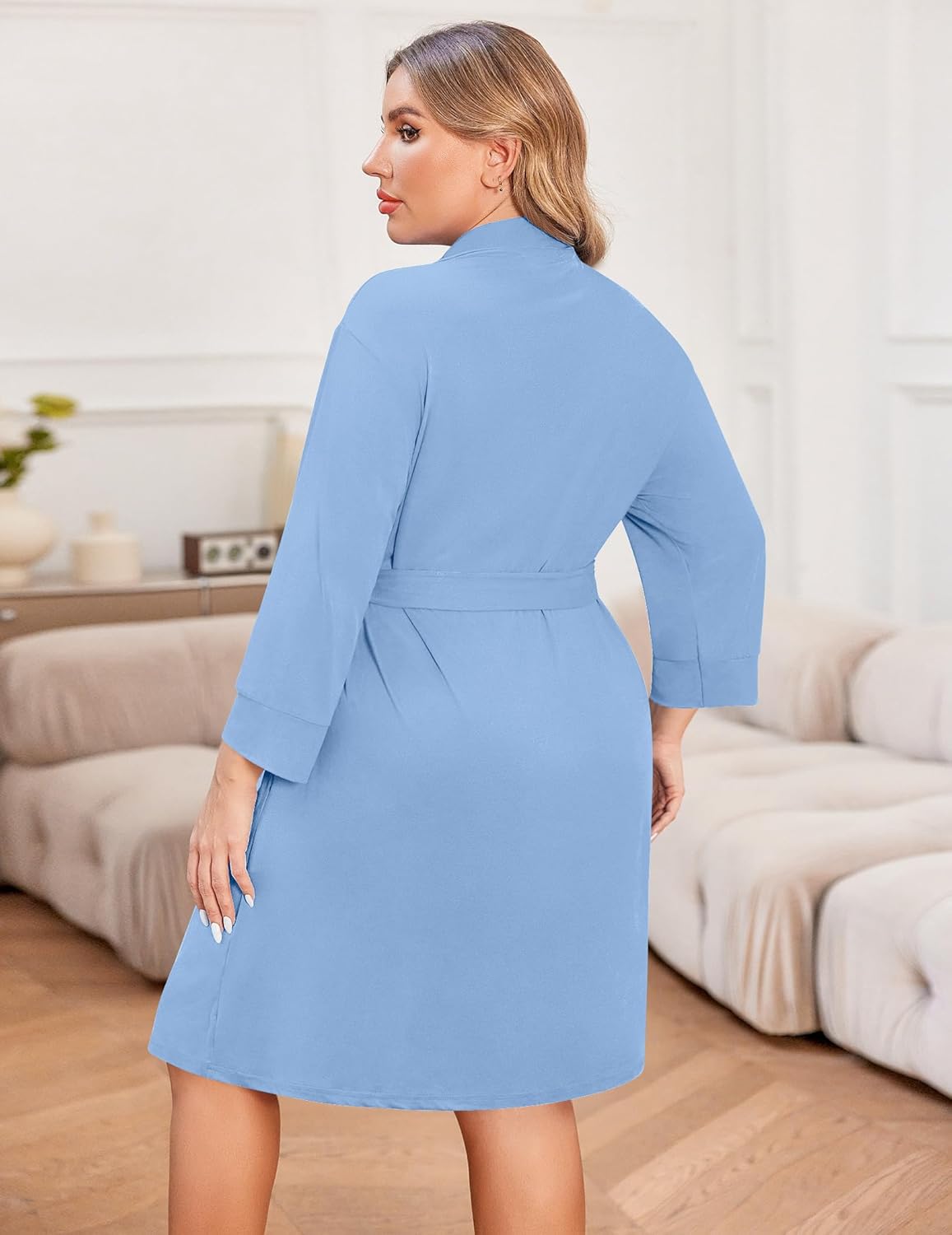 Lightweight knee-length robe, light blue, tie belt, button-front, full sleeves