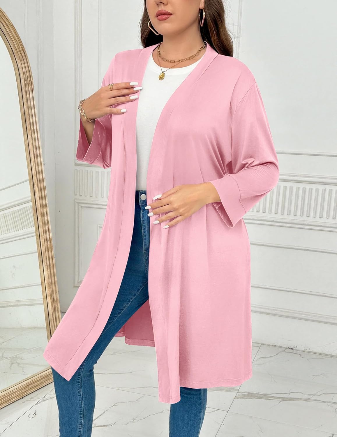 Pink lightweight robe with open front, waist tie, and long sleeves