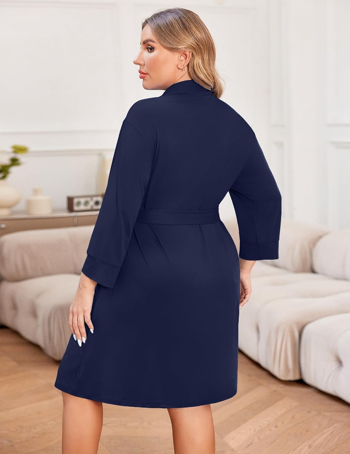Navy lightweight robe with waist tie belt, knee length, full sleeves, back view