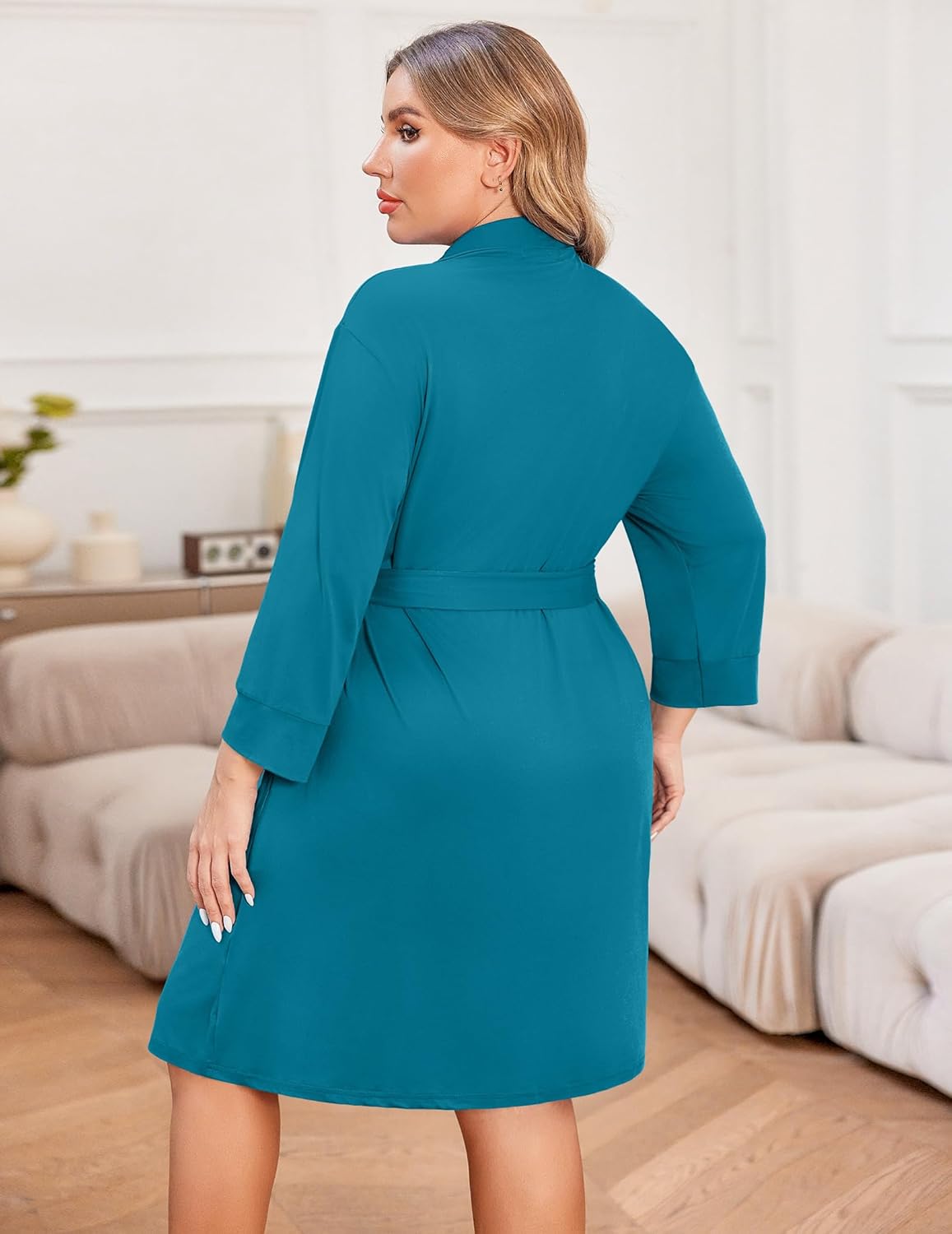 Plus size knee-length lightweight robe, peacock blue, tie waist, long 3/4 sleeves