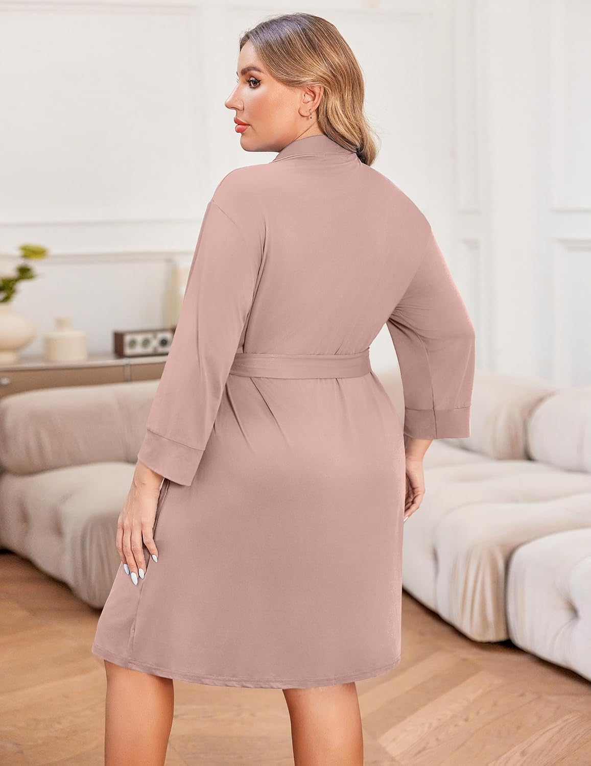Plus size knee-length lightweight robe, light pink, adjustable tie waist, long sleeves