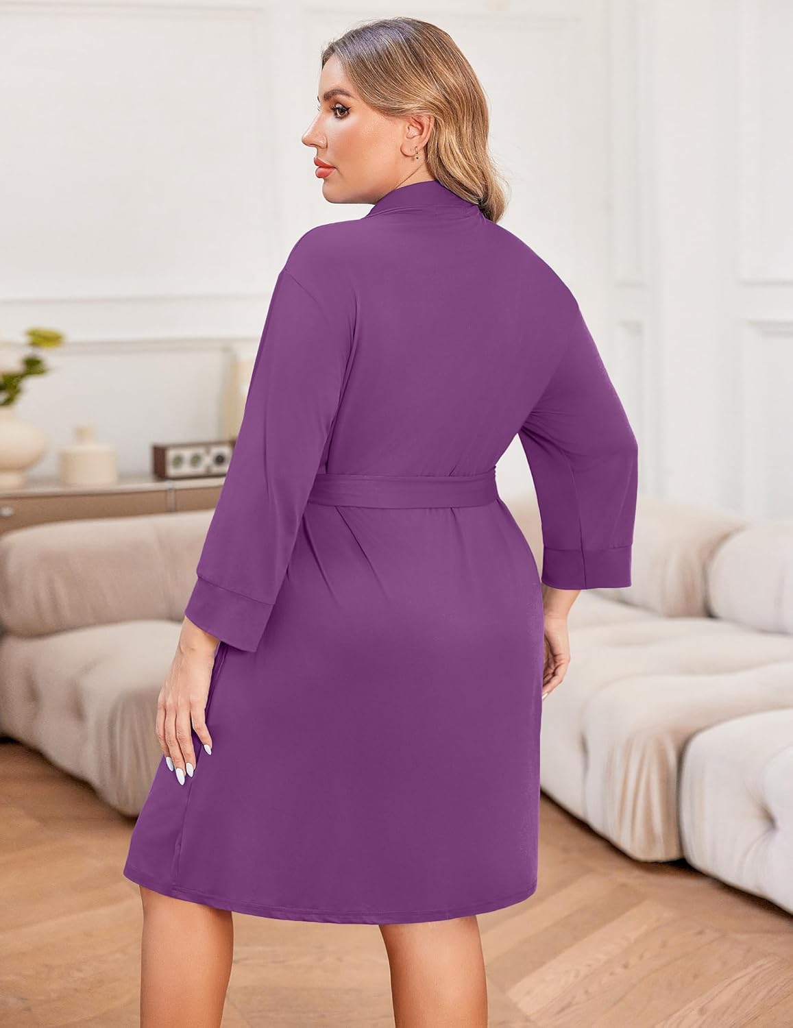 Plus size knee-length lightweight robe, deep purple, tie waist, long 3/4 sleeves