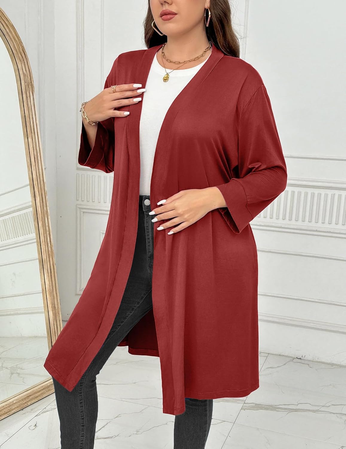 Burgundy lightweight robe, open front with V-neck, self-tie waist belt, 3/4 sleeves