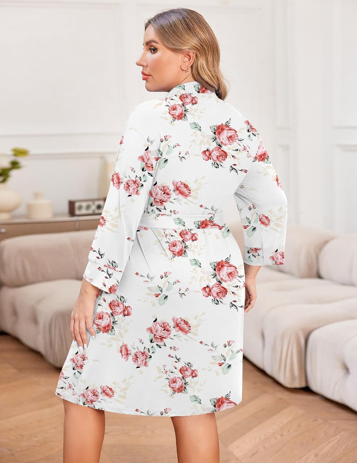 White floral knee-length robe with pink rose print, back view with waist tie