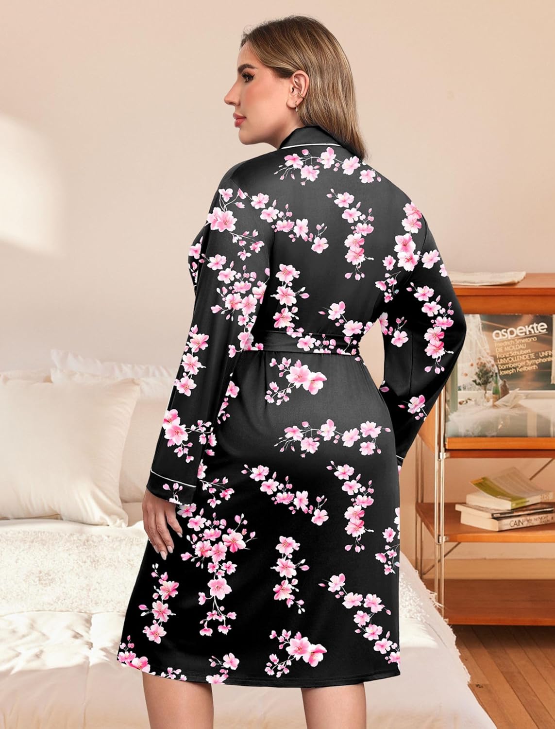 Black floral lightweight bathrobe with pink flowers, waist tie belt, long sleeves, shawl collar