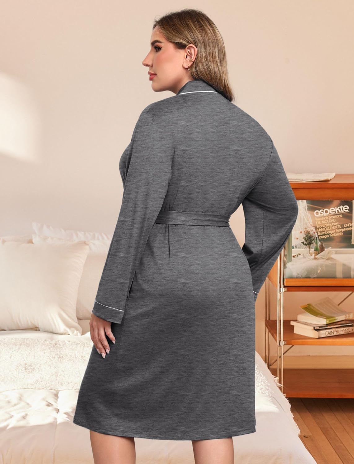 Light gray marled bathrobe back view, long sleeves, waist belt, contrast piping