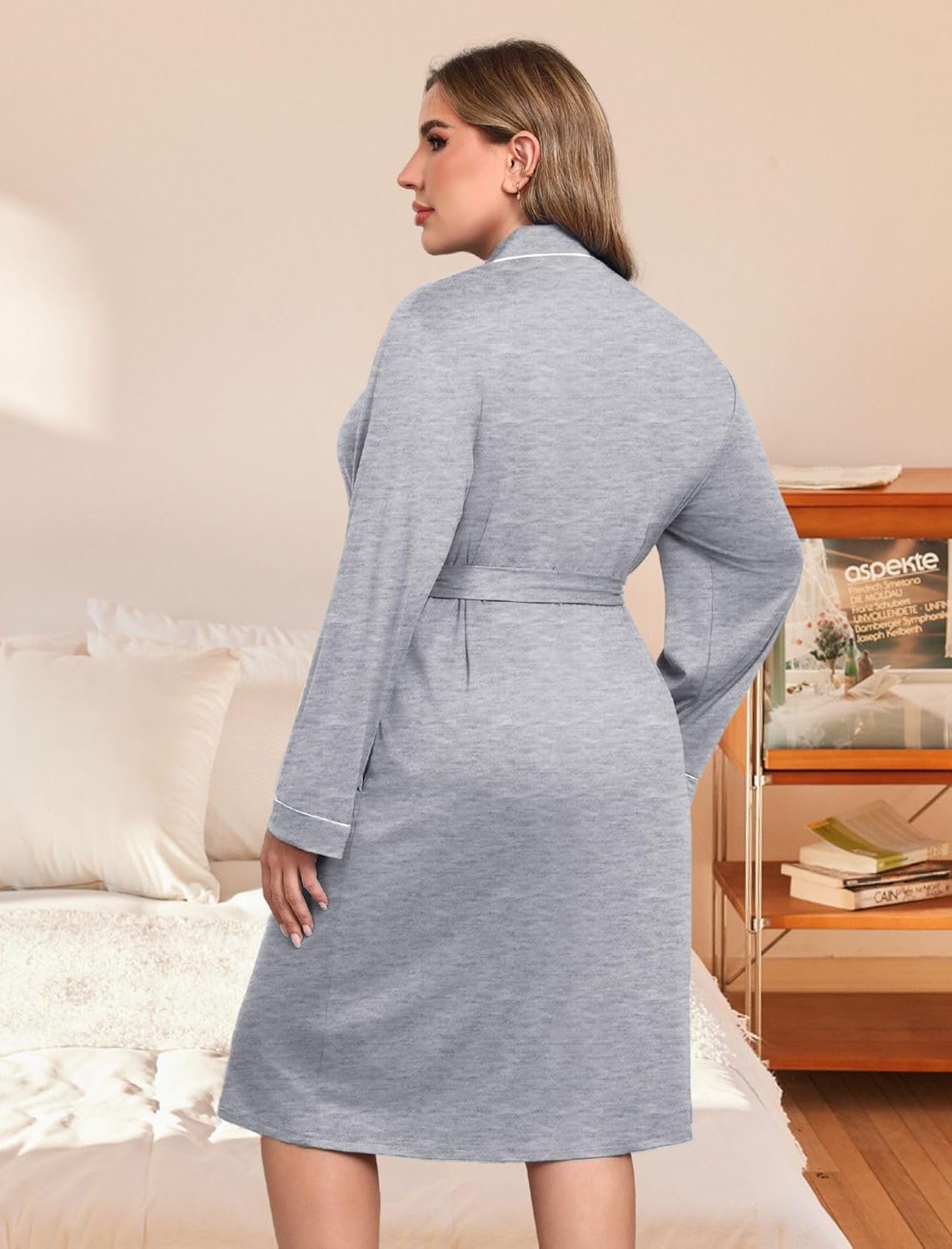 Light gray lightweight bathrobe with belt at waist, long sleeves, shawl collar, plus size