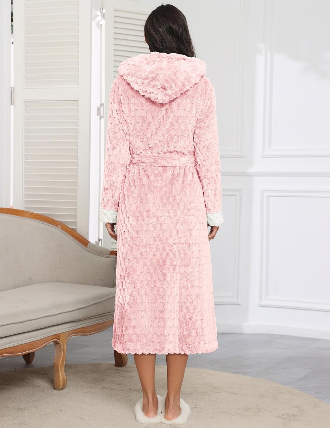 Long hooded robe back view, light pink textured plush with belt, full-length hem