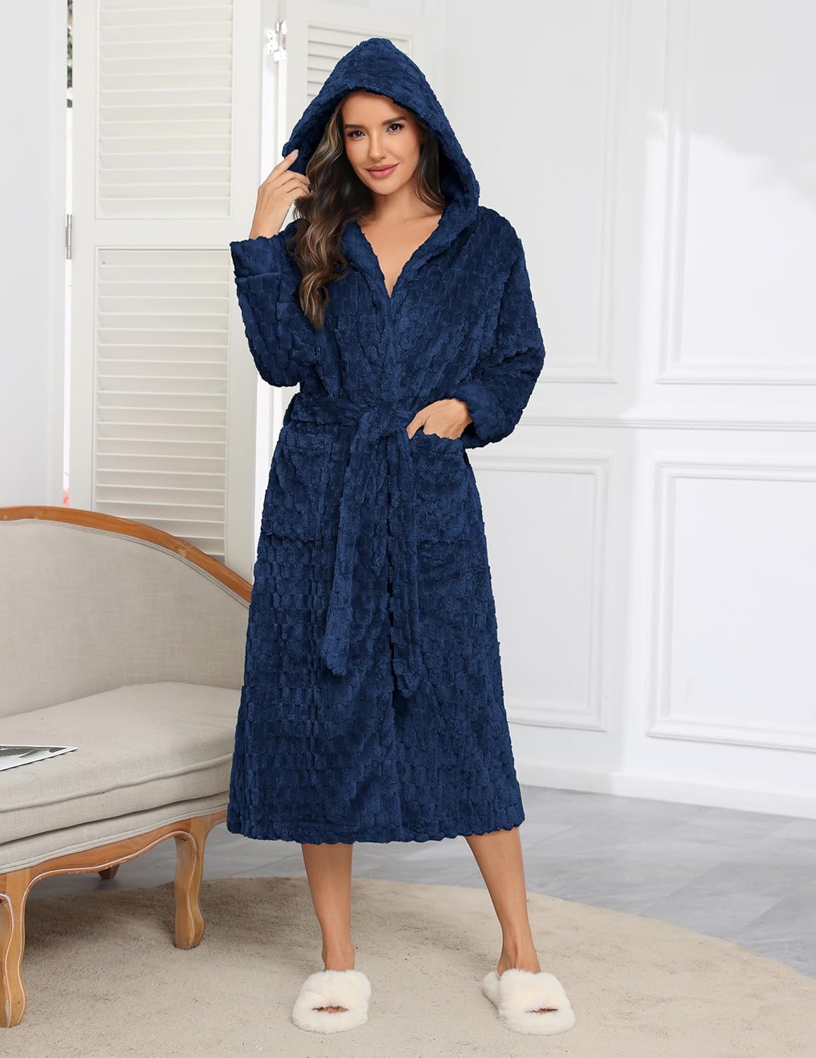 Long hooded robe in navy plush, textured fabric, belt tie, open V-collar and hood
