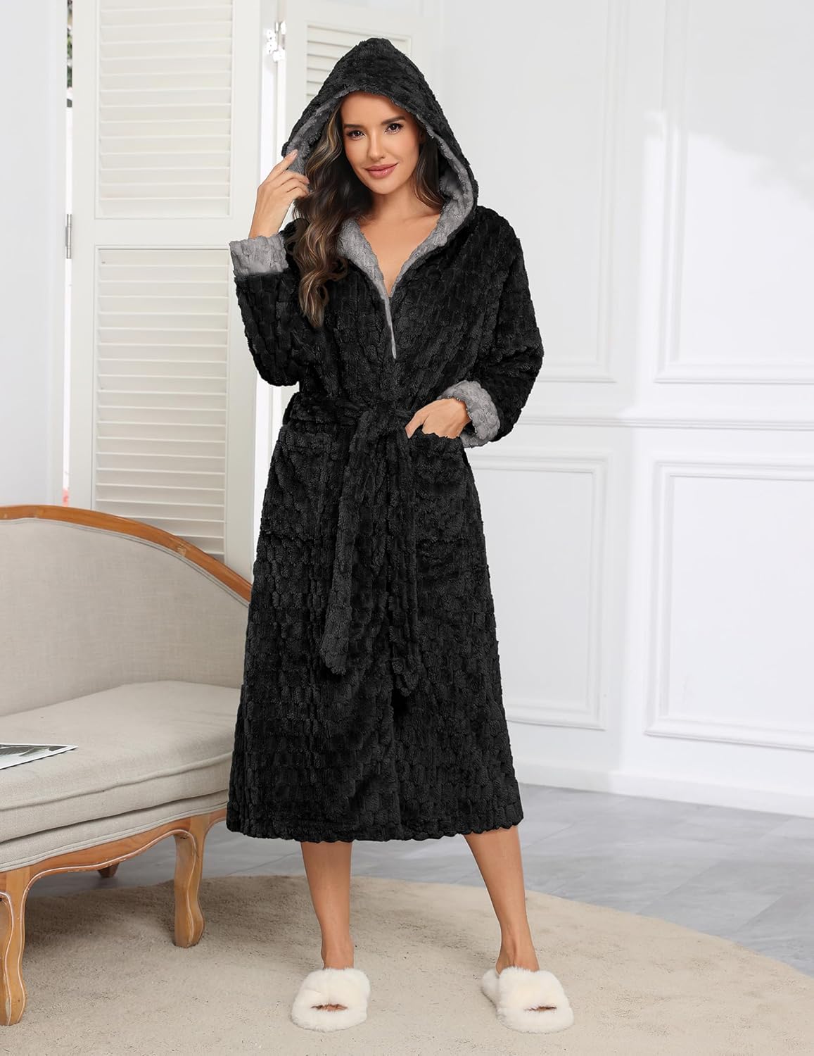 Plush hooded robe in black, long belted design with fuzzy textured jacquard and long sleeves