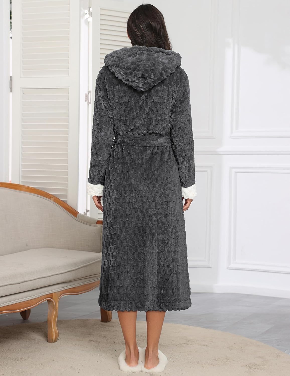 Long hooded robe back view, dark gray textured plush, hood and belt tie, full length