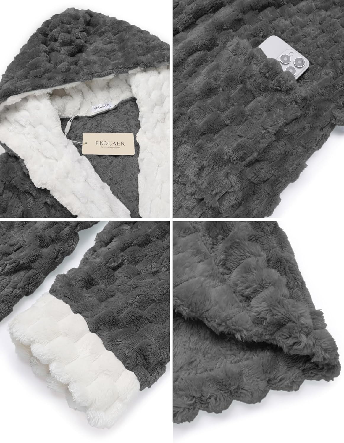 Plush fabric close-up: dark gray and white textured swatches with label area