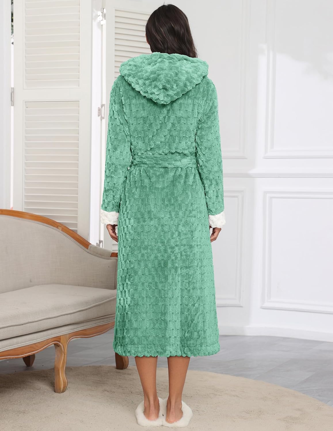 Green long hooded robe, back view with tie belt and plush cuff trim