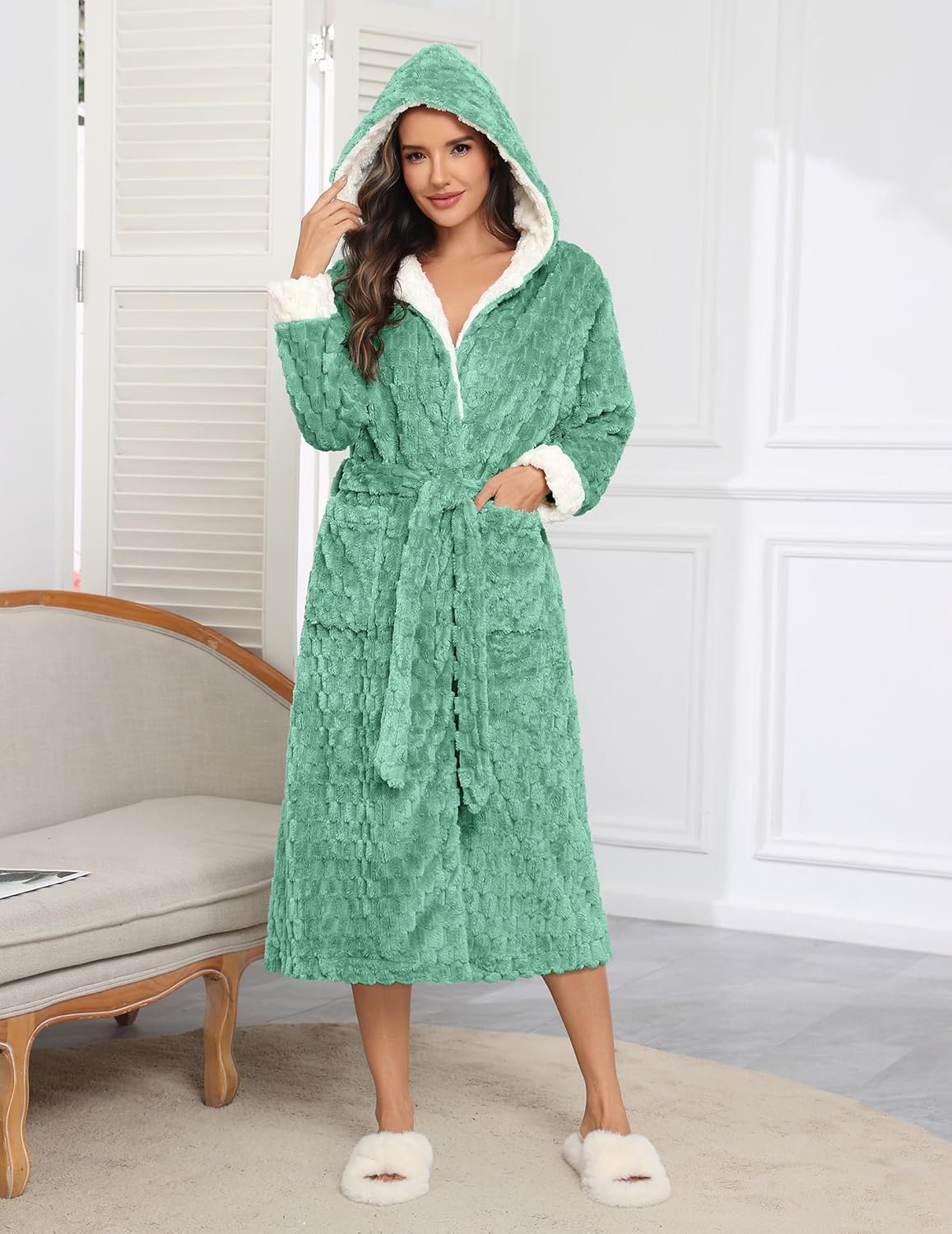 Green hooded plush robe, long length with fluffy white trim and waist tie