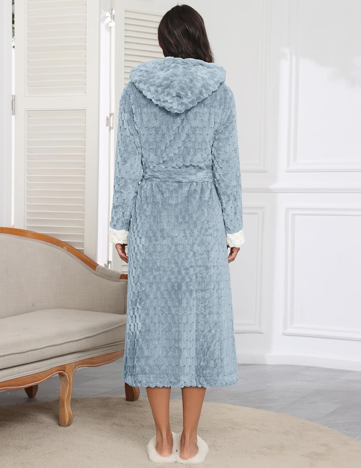 Light blue long hooded robe, back view with tie belt and fluffy cuff trim