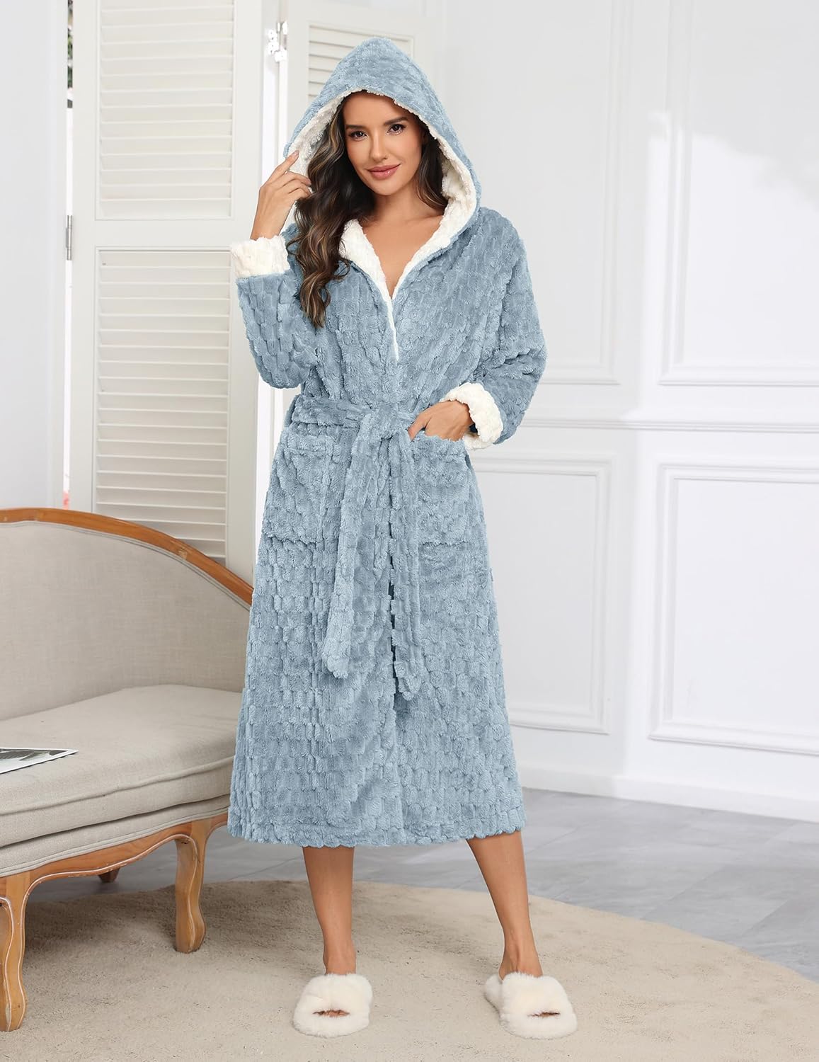 Light blue hooded plush robe, long length with fluffy white trim and tie belt