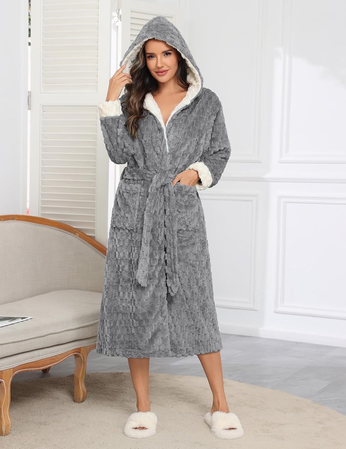 Long hooded plush robe, heather gray jacquard texture, tie belt, long sleeves