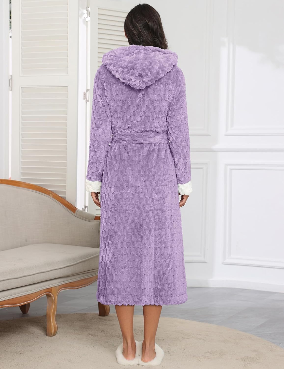 Back view long hooded plush robe in lavender purple jacquard, tie belt