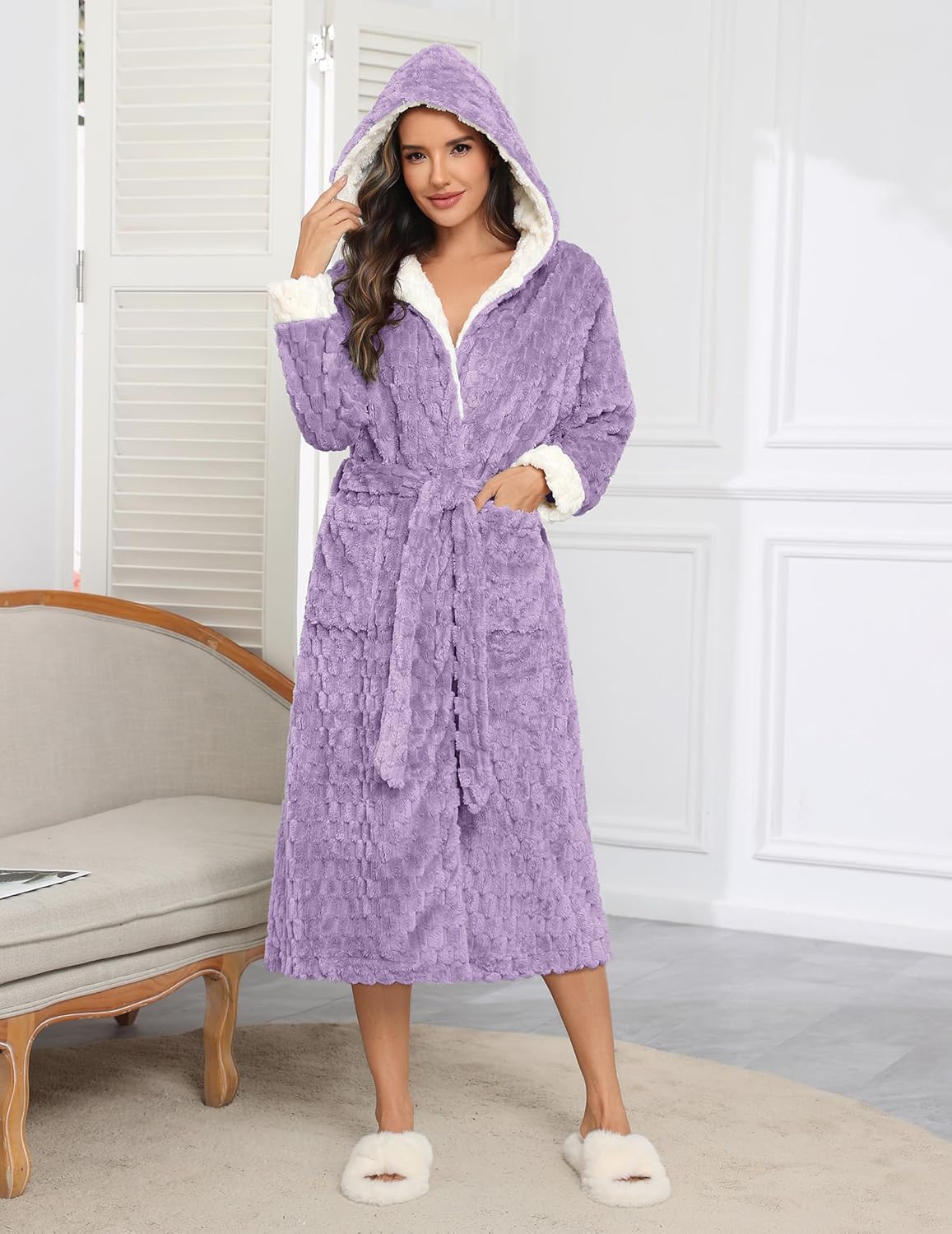 Long hooded plush robe, lavender purple jacquard texture, tie belt, long sleeves