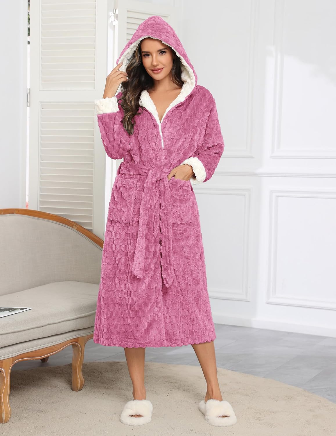 Long plush hooded robe in rose pink with tie waist, fuzzy jacquard texture and long sleeves