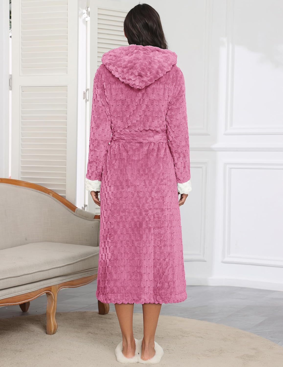 Rose pink long hooded robe, belted waist and plush jacquard texture with full sleeves