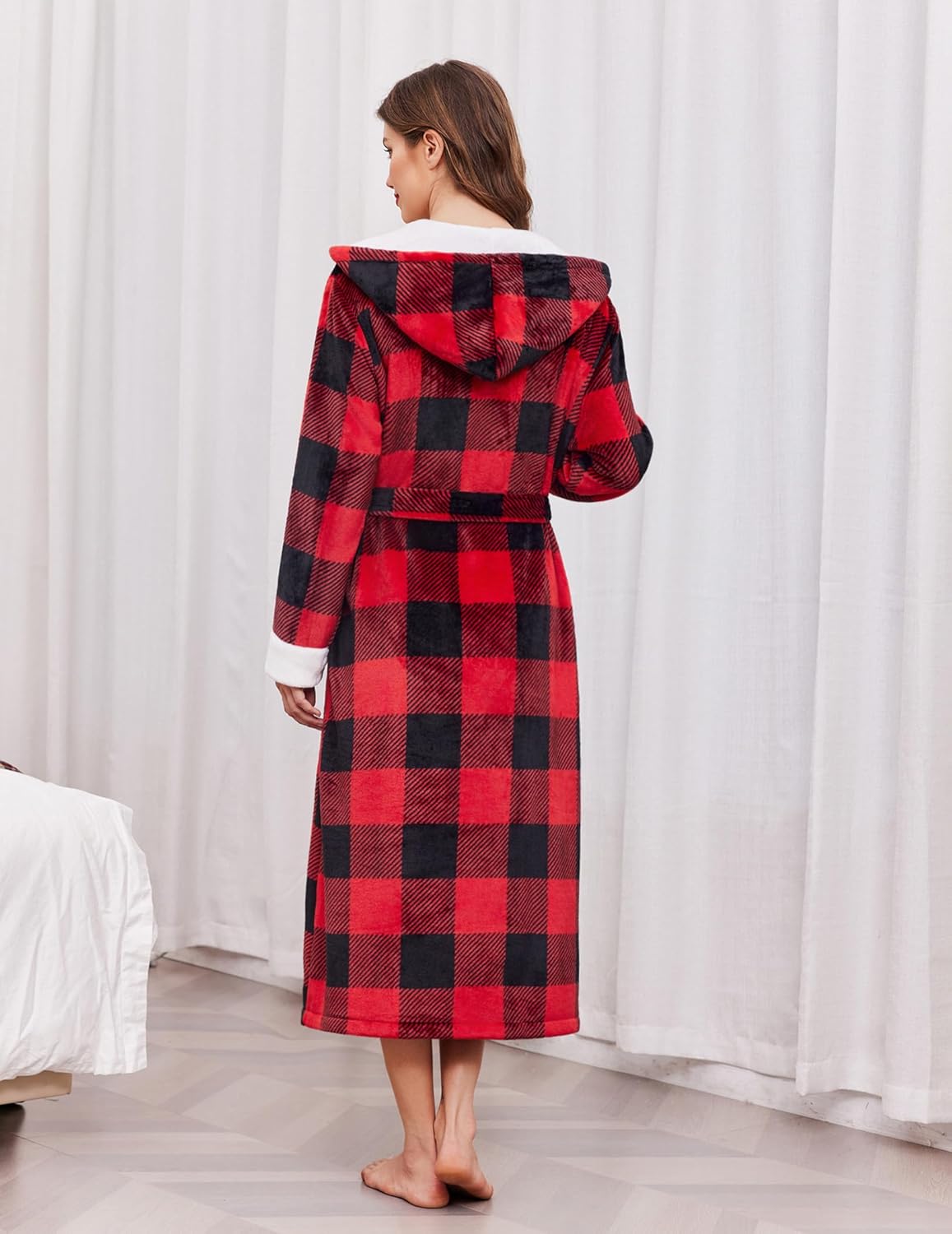Long hooded robe back view, red and black plaid plush, hood and belt tie