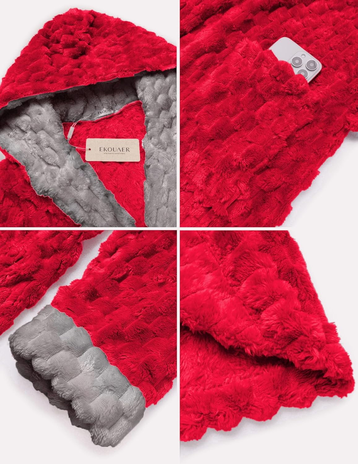 Red plush robe fabric close-up, hood lining and woven texture detail