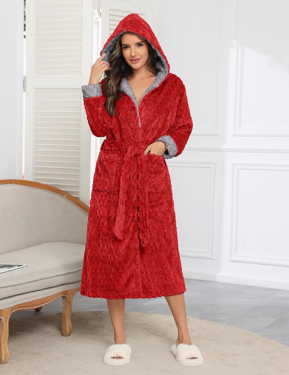 Red hooded plush robe, long length with fluffy white trim and waist tie