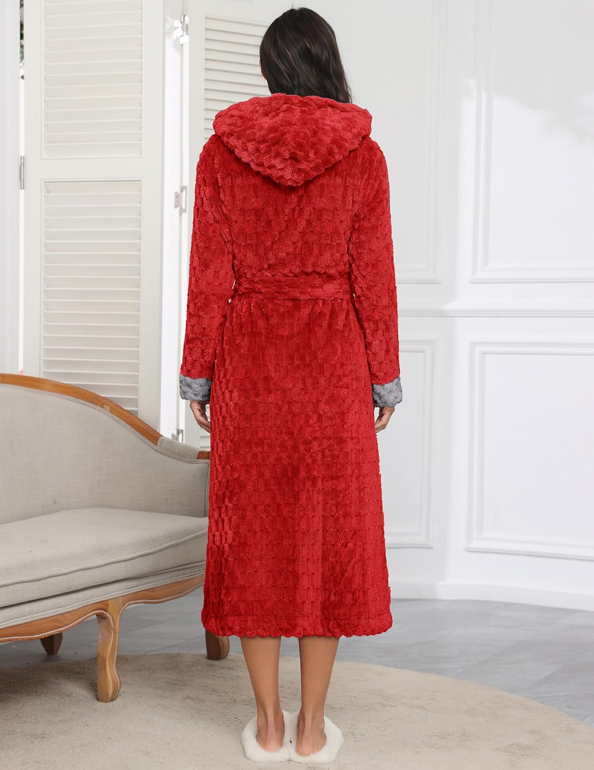 Red long hooded robe, back view with waist tie and plush cuff trim