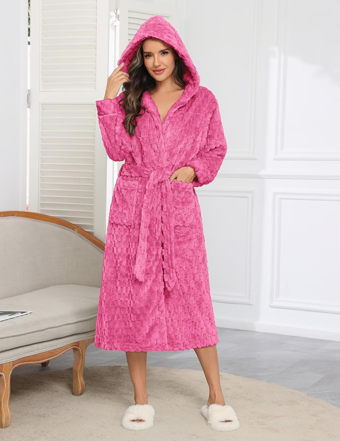 Pink hooded plush robe, long length with fluffy white trim and waist tie