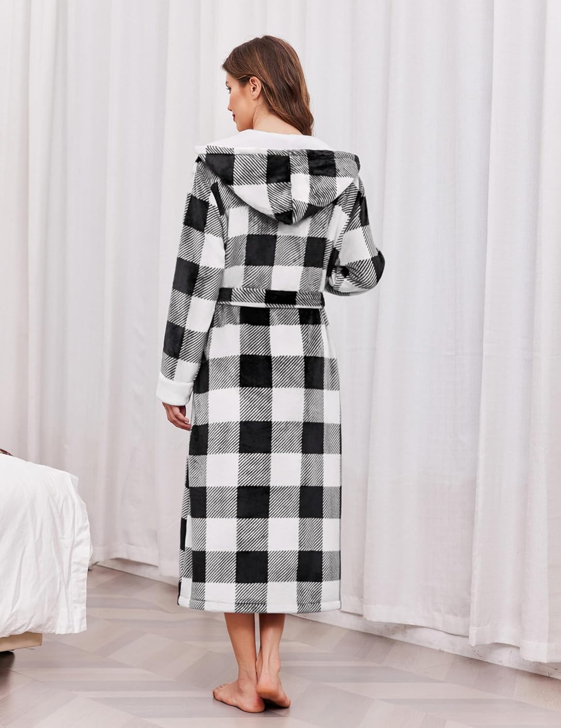 Long black-and-white plaid hooded robe, back view with tie belt and soft textured fabric